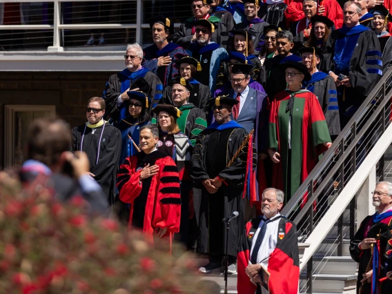 President Garimella and Faculty on steps of Old Main